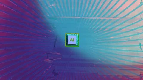 AI microchip floating over colorful reflective surface 库存插图