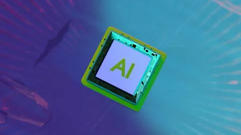AI microchip floating over colorful reflective surface 库存插图