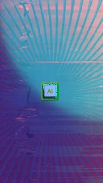 AI microchip floating over colorful reflective surface 库存插图