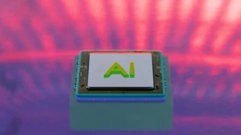 AI microchip floating over colorful reflective surface 库存插图