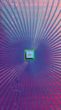 AI microchip floating over colorful reflective surface 库存插图