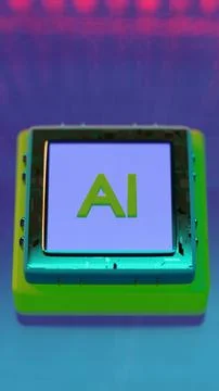 AI microchip floating over colorful reflective surface 库存插图