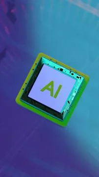 AI microchip floating over colorful reflective surface Stock Illustration
