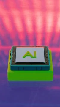 AI microchip floating over colorful reflective surface 库存插图
