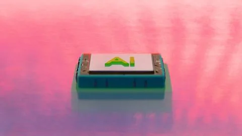 AI microchip floating over colorful reflective surface 库存插图