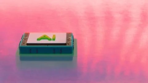 AI microchip floating over colorful reflective surface 库存插图