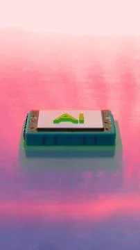 AI microchip floating over colorful reflective surface 库存插图