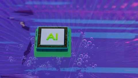 AI microchip floating over colorful reflective surface 库存插图
