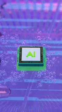 AI microchip floating over colorful reflective surface 库存插图
