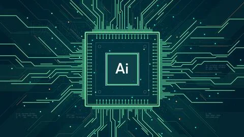 AI microchip with glowing circuitry high tech 3D realistic vector technolog.. Stock Illustration