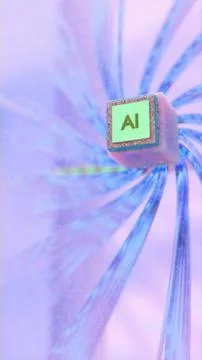 AI microchip with luminous green core and flowing blue neural data cables o.. Stock Illustration