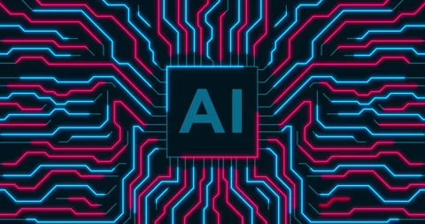 AI microchip with neon blue and pink energy network circuits Video stock 337426857