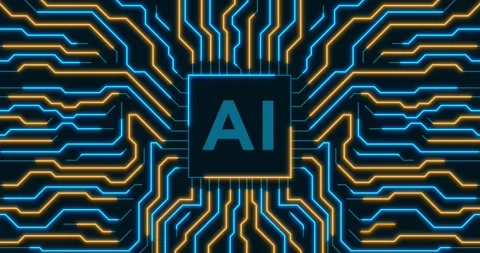 AI microchip with neon blue and orange energy network circuits Stock Footage 337426861