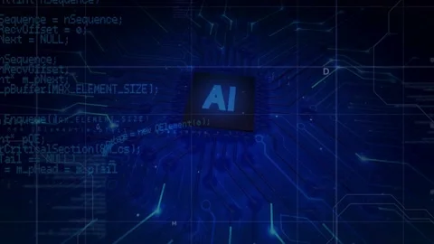 AI Microchip Processor With Blue Programming Code and Circuit Overlay Vidéo 336013258