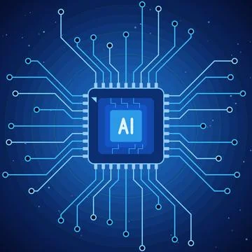 AI microchip processor with circuit board traces radiating outward, glowing blue Stock Illustration