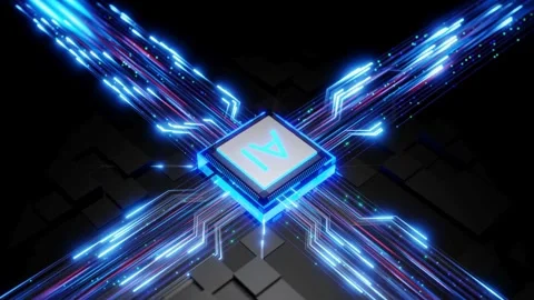Ai microchip processor with data streams Stock Footage 347376975