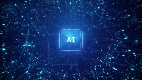AI Microchip Processor with Glowing Blue Digital Data Stream Background Stock Footage 344240268