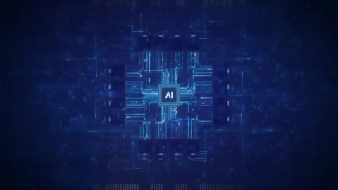 AI Microchip Processor with Glowing Blue Circuit Board Data Flow Zoom In 库存影片 344240280
