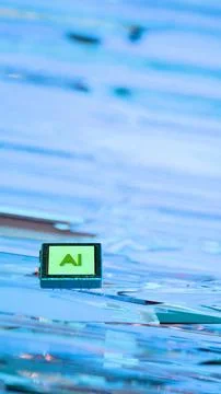 AI microchip resting on reflective blue surface.... 스톡 일러스트