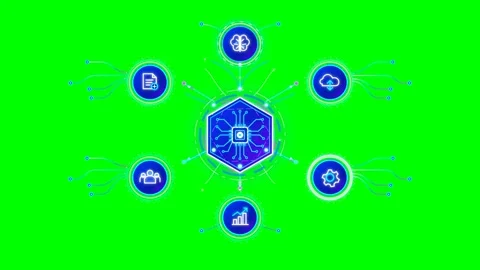 AI Microchip Technology Concept Animation with Glowing Interface Icons Stock Footage 347905226
