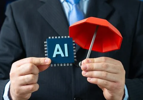The AI microchip is under a red umbrella of insurance. Insure AI against er.. 写真素材