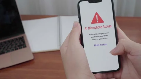 AI Microphone Access Warning Screen on Smartphone in User Hands Stock Footage 341933534
