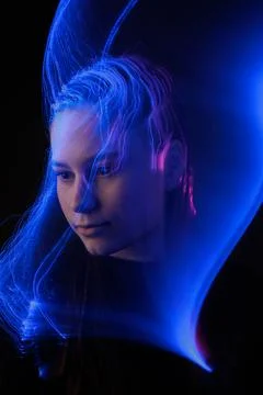 AI mind interface portrait with blue neural light Stock Photos