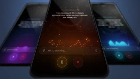 AI Mobile Apps Concept - Smartphones with Voice Assistant UI and Digital Text Stock Footage 340135670