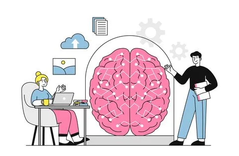 AI model concept. Man and woman study structure of brain. Modern technologies Stock Illustration
