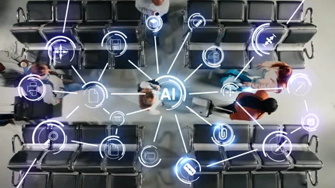AI model HUD in airport analyzing passenger density and movement patterns Stock Footage 334935105