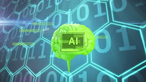 AI module pulsing prompts HUD panels sliding as neon-green brain rotating Stock Footage 335465673