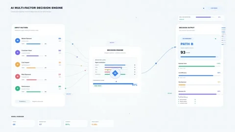 AI Multi-Factor Decision Engine Dashboard with Real-Time Analytics and Data Flow Stock Footage 344514038
