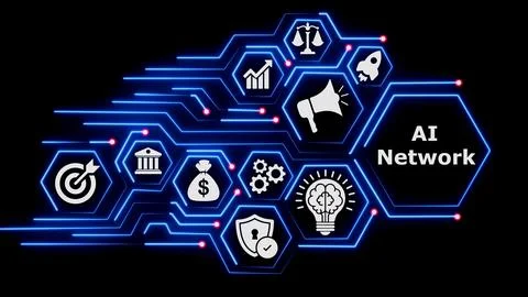Ai network digital concept illustration with glowing neon icons. Illustrazione stock