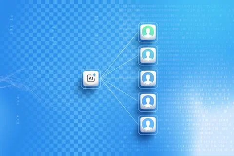 AI network icon connecting to multiple user profile avatars with data analyti Foto stock