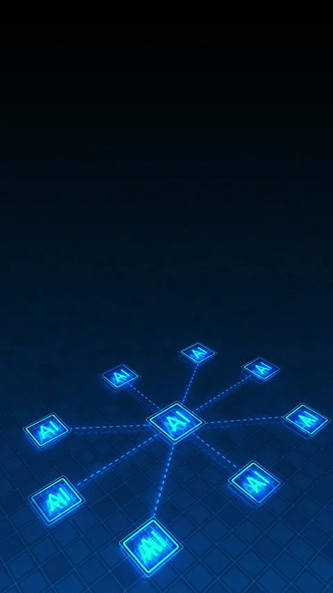 AI network nodes digital glowing blue tiles, connected hub lines, dark grid floo Stock Footage 340565793
