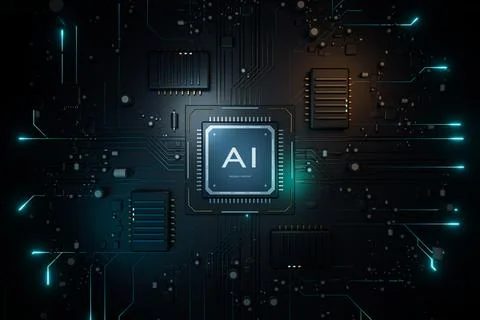 AI neural engine chip processing data on circuit board. 3d render 스톡 일러스트
