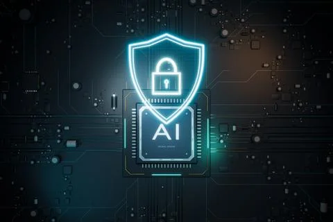 AI neural engine chip protecting cyber security data. 3d render Stock Illustration