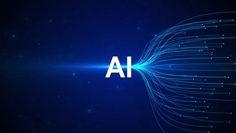 AI neural lines background white letters, blue data fibers, dark star space Stock Footage 333973774