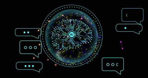AI neural network and chat bubbles animation over black background with colorful Stock Footage 305431656