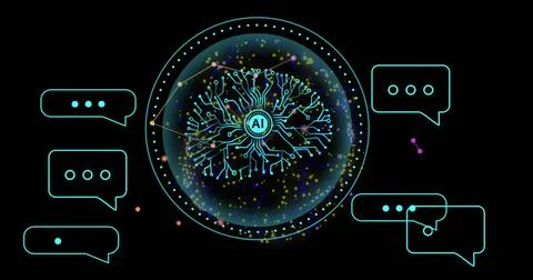 AI neural network and chat bubbles image over black background with colorful Stock Illustration