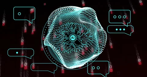 AI neural network animation over binary code and digital communication icons Stock Footage 306637037