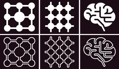AI Neural Network Icons, Node Grid Connection and Brain Circuit Symbol Whit.. Stock Illustration