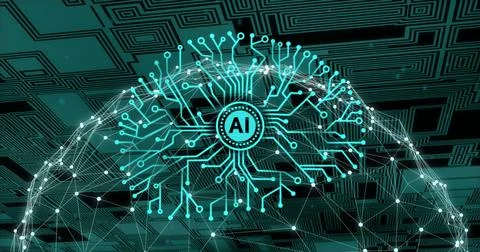 AI neural network image over digital circuit board background 写真素材