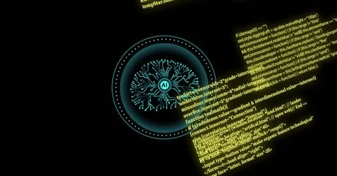 AI neural network image over green code on black background Stock Photos