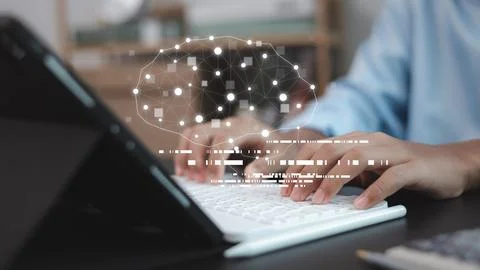 AI neural network interface with hands typing on keyboard machine learning .. Stock Photos