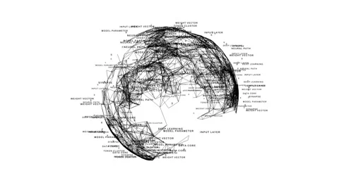 AI Neural Network Text Mapping Node Sphere for Deep Learning Blueprints Stock Footage 336734655
