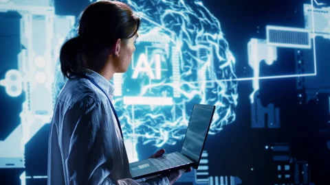 AI operator runs code in data center Stock Footage 249562994