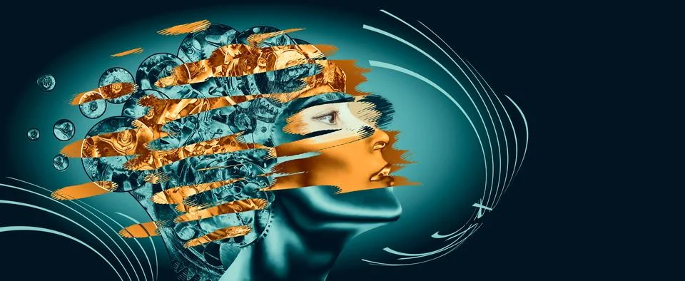 AI or Artificial Intelligence concept. Thinking businesswoman with gear Stock Illustration