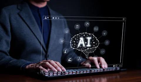 AI or Artificial intelligence concept. Businessman using computer use ai. Stock Photos