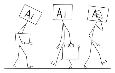 Ai or Artificial Intelligence Going to Work , Vector Cartoon Stick Figure Stock Illustration